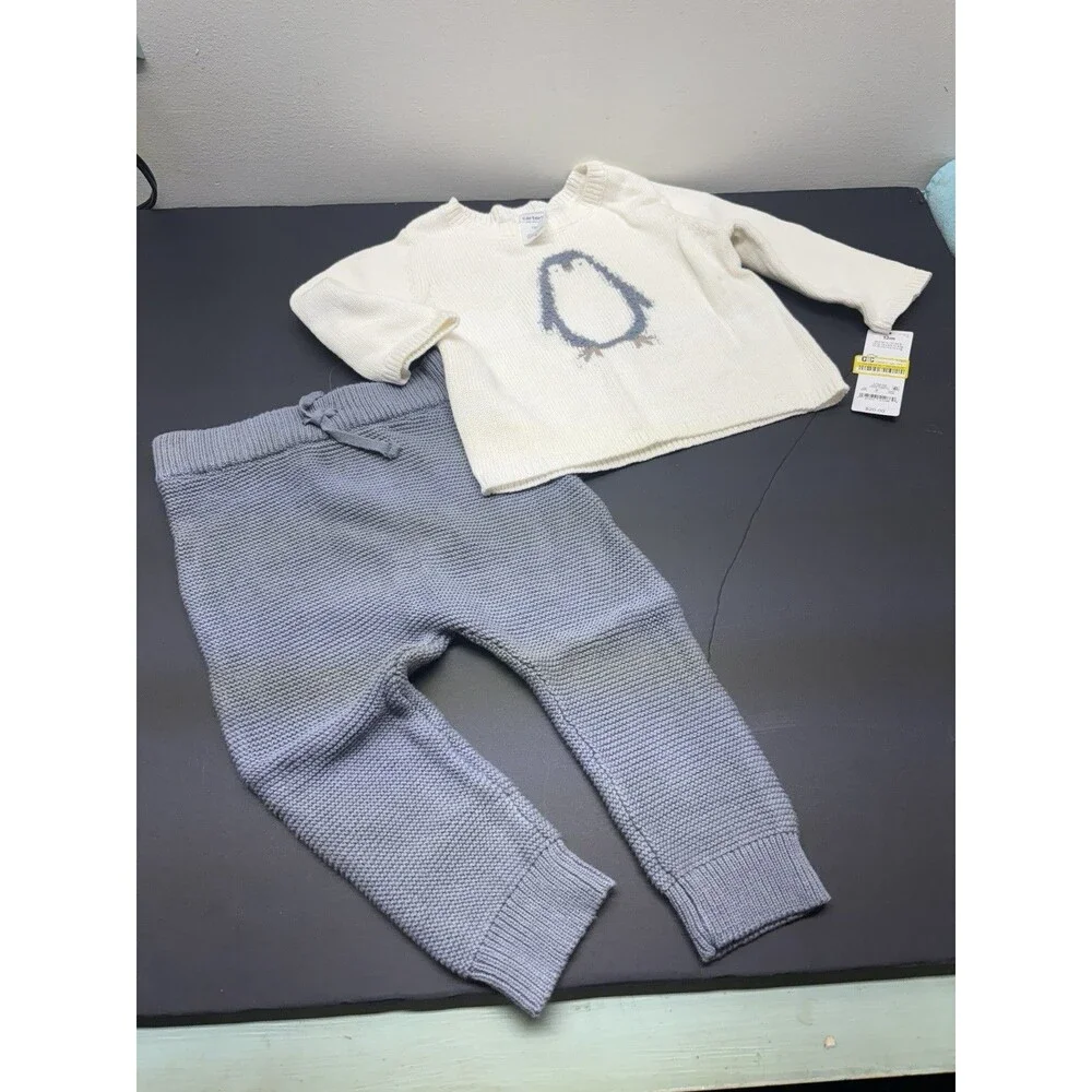 Carters Size 9 Months 2 Piece Set - Penguin Sweater With Gray Knit Pants - NWT
